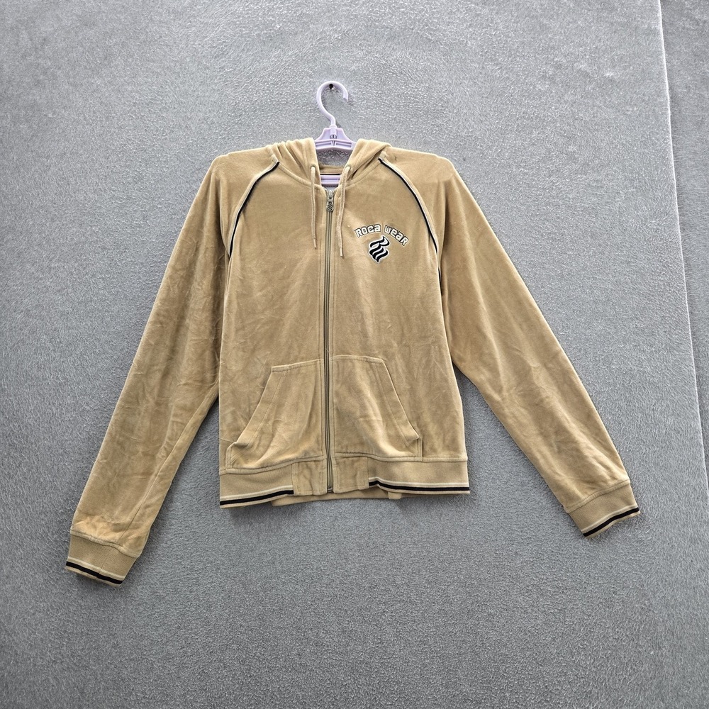 Rocawear Women Hoodie XL Beige Embroidered Y2K Hip Hop Velour Track Jacket